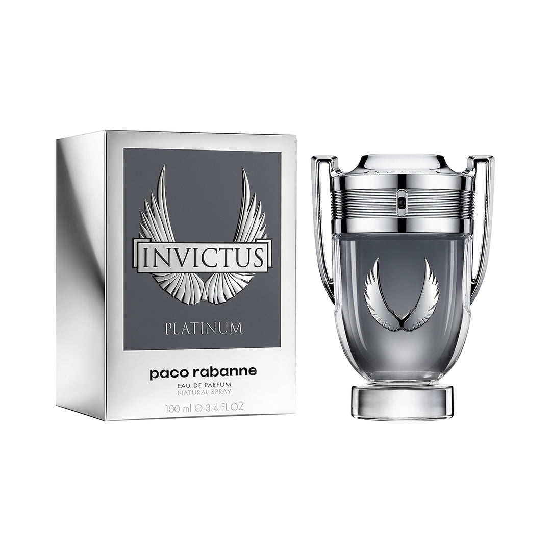 Paco Rabanne Invictus Platinum EDP 100ml original silver packaging and trophy bottle on white studio background