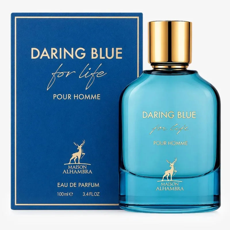 Maison Alhambra Daring Blue For Life Pour Homme EDP bottle and box