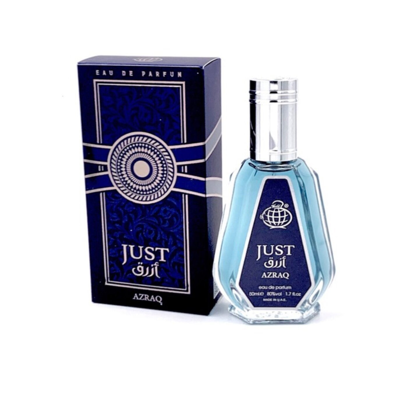 Fragrance World Just Azraq 50ml retail bottle and box