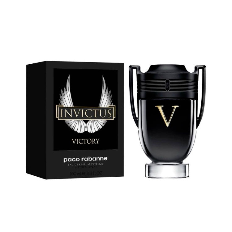 Paco Rabanne Invictus Victory EDP Extreme 100ml bottle and original black box, studio photo