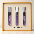 Kenz de Rasasi Hawas travel set with three 8ml spray vials (digital studio illustration)