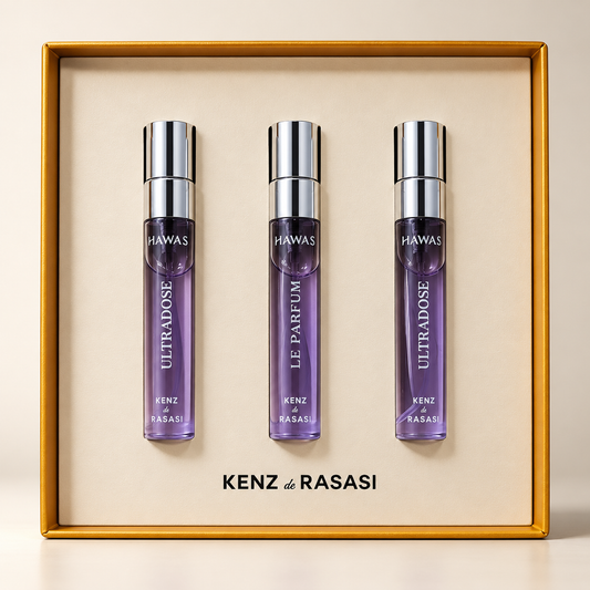 Kenz de Rasasi Hawas travel set with three 8ml spray vials (digital studio illustration)
