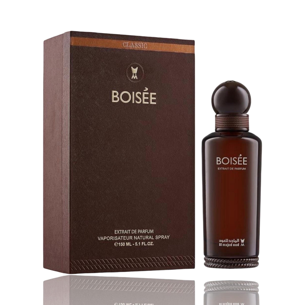 Al Majed Oud Boisee Extrait 150ml brown bottle and box studio product photo