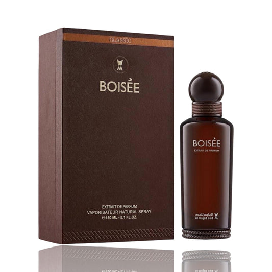 Al Majed Oud Boisee Extrait 150ml brown bottle and box studio product photo