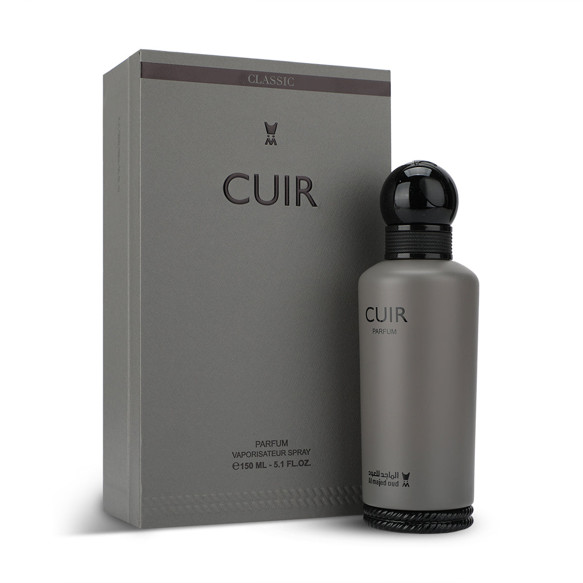 Al Majed Oud Cuir Parfum 150ml grey bottle and original box white studio background