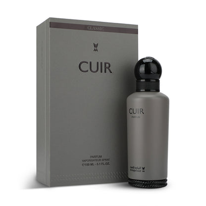 Al Majed Oud Cuir Parfum 150ml grey bottle and original box white studio background