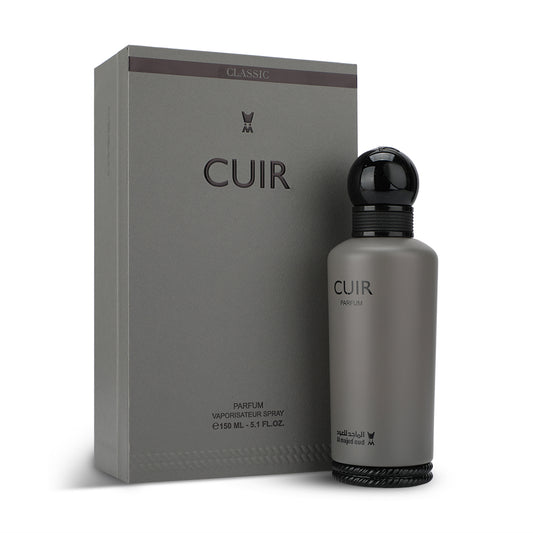 Al Majed Oud Cuir Parfum 150ml grey bottle and original box white studio background