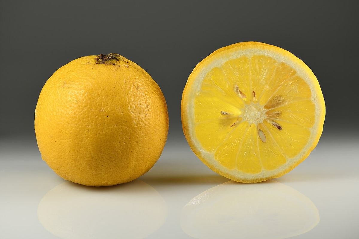 A yellow bergamot fruit and a cut half showing the rind and segmented interior