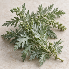 AI-generated representative illustration: Silvery green Artemisia foliage, representing the Artemisia fragrance note; not a documentary photograph.