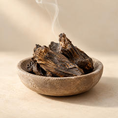 Representative a few dark resinous wood chips in a small plain low stone incense dish with one delicate thread of smoke imagery for fragrance-note discovery