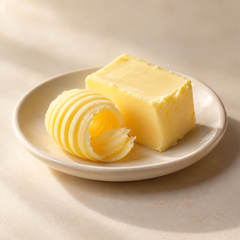 Representative a small golden butter curl and a fresh butter pat on an ivory ceramic saucer imagery for fragrance-note discovery
