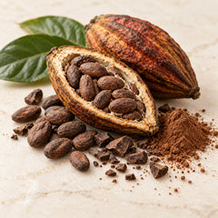 Illustrative still life of cacao pods, dried beans and cocoa powder representing the cacao fragrance note