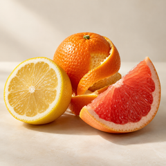 Representative a lemon half, small orange with loose peel and a grapefruit wedge arranged as a compact citrus still life imagery for fragrance-note discovery