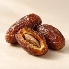 Representative three ripe dark amber-brown dates, one split open showing the elongated stone imagery for fragrance-note discovery
