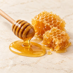 Illustration of golden honey, a wooden dipper and honeycomb representing the honey fragrance note