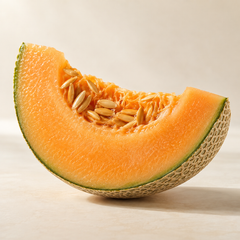 Representative one thick ripe cantaloupe melon wedge with orange flesh, netted rind and naturally visible seeds imagery for fragrance-note discovery