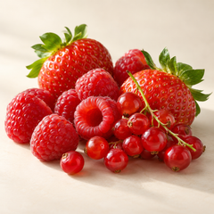 Representative ripe raspberries, strawberries and red currants grouped closely, glossy natural ripe skins imagery for fragrance-note discovery