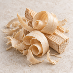 AI-generated representative illustration: Pale softwood pieces and curled shavings, representing the Softwood fragrance note; not a documentary photograph.