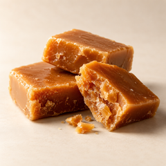 Representative three rich golden-brown butter toffee squares with one broken edge showing dense brittle texture imagery for fragrance-note discovery