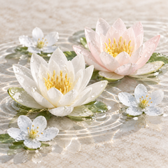 AI-generated representative illustration: Pale water blossoms floating on water, representing the Water Blossoms fragrance note; not a documentary photograph.