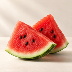 Representative two fresh red watermelon wedges with green rind and a few realistic black seeds imagery for fragrance-note discovery