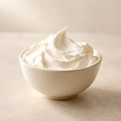 Representative a plain small ivory ceramic bowl containing softly whipped white cream with natural soft peaks imagery for fragrance-note discovery