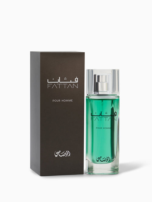 Rasasi Fattan Pour Homme 50ml bottle and retail packaging — official Rasasi photograph