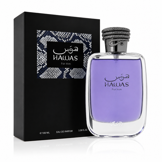 Rasasi Hawas Classic For Him EDP 100ml original purple bottle with black retail box, white studio background