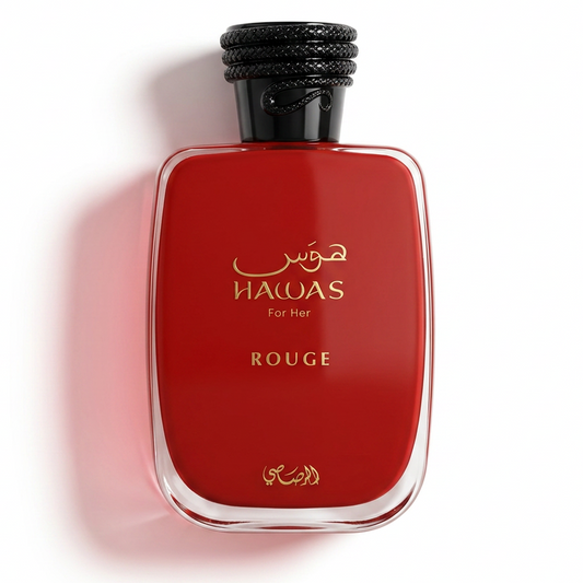 Rasasi Hawas Rouge Eau de Parfum 100ml red bottle on a clean background