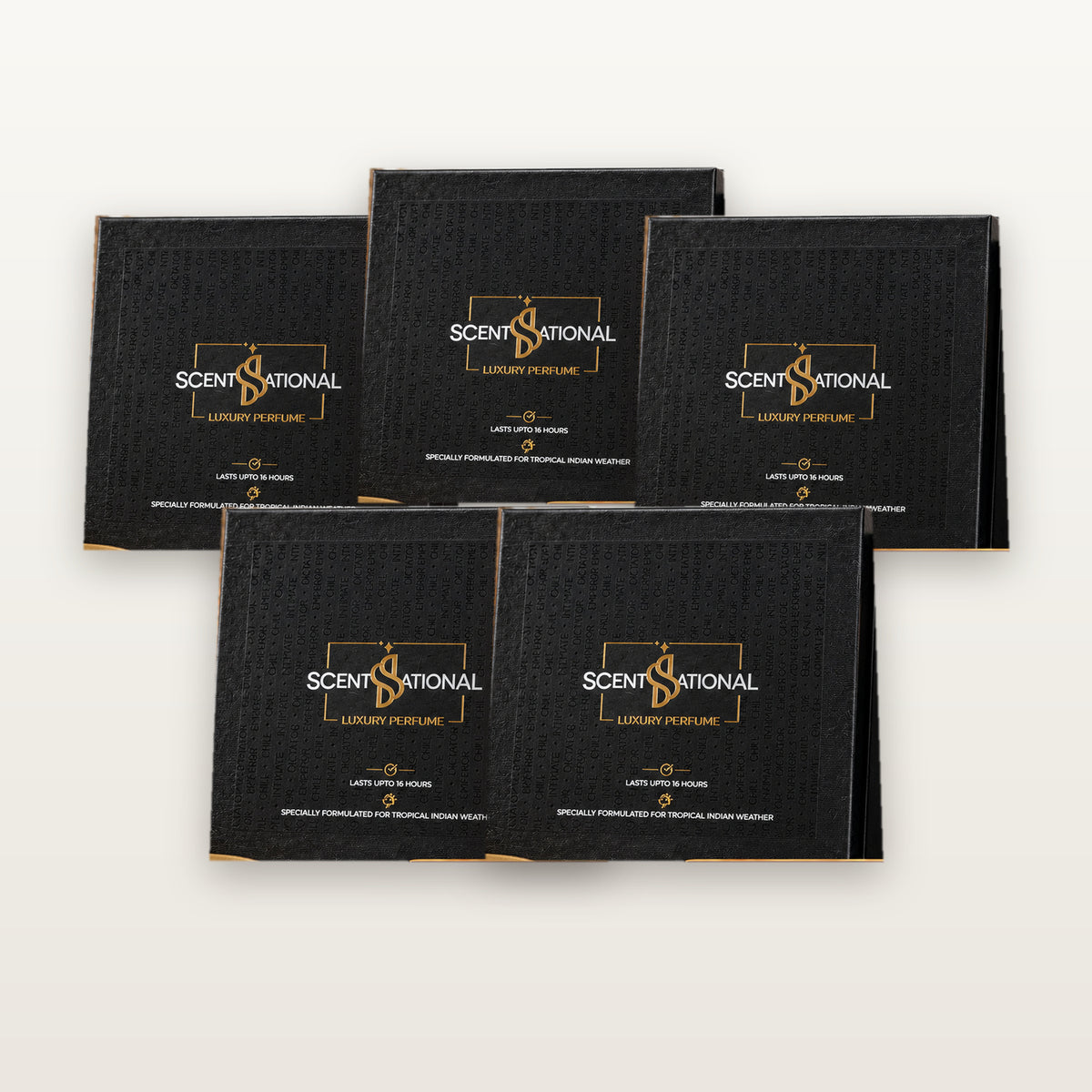 Five ScentsSational Dice Collection gift sets displayed in a minimalist luxury studio photo