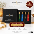 ScentsSational Dice Collection luxury Diwali promotion showing four perfumes and buy 1 get 4 free offer